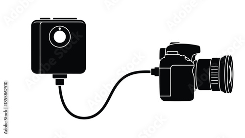 Black silhouette of GoPro camera connected to DSLR camera isolated on white background