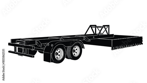 Black silhouette of a flatbed trailer with wheels and brush attachment isolated on white background