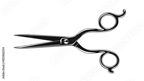 Black metal hairdressing scissors with offset finger holes isolated on white background