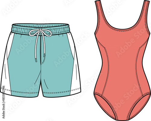 Flat Fashion Sketch Of Teal Swim Shorts And Coral One Piece Swimsuit swimwear bathing suit