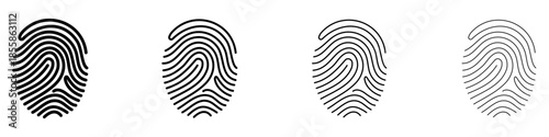 Fingerprint icon. Biometric identification, outline lines of various thicknesses. Pictogram of a papillary pattern without a scanner frame. Four style variations. Vector illustration.