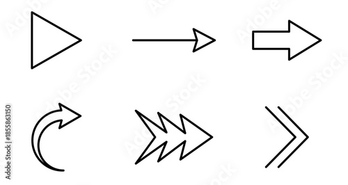 Arrows icon. Set of six outline arrows symbolizing direction, playback, fast forward, turn, or next element. Black outline lines. Vector illustration.