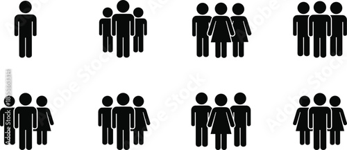 Silhouette icons of groups of people in various formations Keywords: people, group, silhouette, icon, figure, man, woman