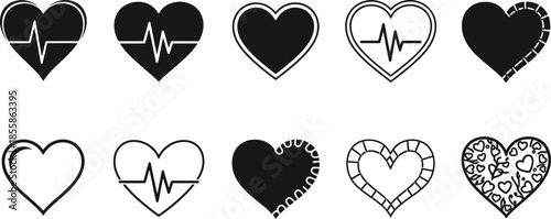 Collection of heart icons with ecg and decorative elements