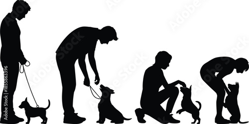 Silhouette Sequence Of Person Interacting With Small Dog On White Background puppy animal
