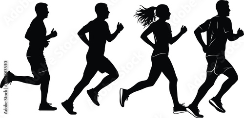 Silhouettes of four diverse runners in motion on a white background running sport