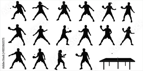 Silhouettes Of People Playing Table Tennis And A Table On White Background ping pong sport