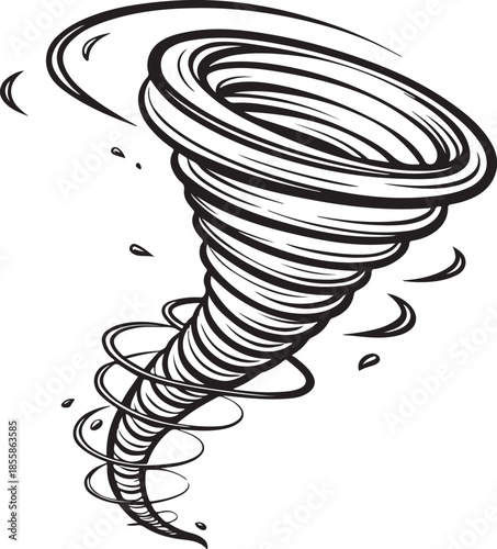 Hurricane Tornado Twister Hand-drawn Sketch Drawing Vector Illustration, Line Linear Symbol Engraving Coloring Book, Black and White Isolated