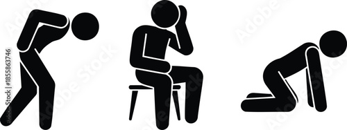 Stick Figure Poses Showing Distress Exhaustion and Kneeling on White Background person human