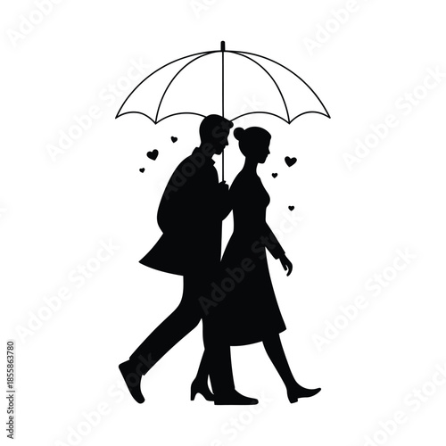 Silhouette of a couple walking side by side under an umbrella, gentle forward motion.