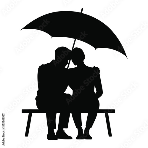 Silhouette of a couple sitting together on a simple bench under an umbrella, calm romantic mood.
