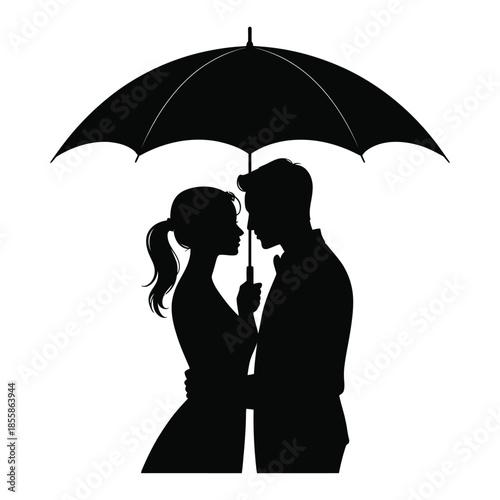 Silhouette of a romantic couple standing close together under a single umbrella.