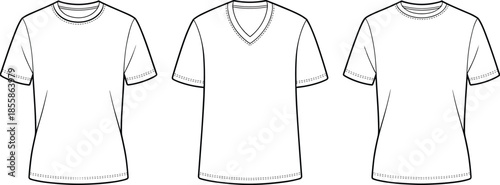 Three White T Shirt Silhouettes with Round and V Necklines on White Background t-shirt clothing