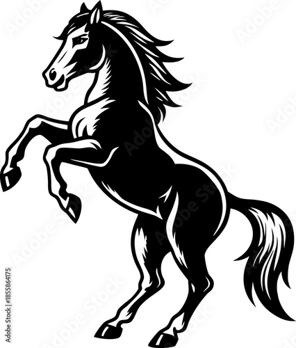 A detailed black and white illustration of a rearing horse, the main subject centered in the frame. The horse is depicted in a dynamic pose, with its forelegs lifted high and its hind legs planted, ex