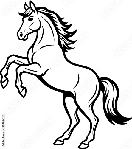 A detailed black and white illustration of a rearing horse, the main subject centered in the frame. The horse is depicted in a dynamic pose, with its forelegs lifted high and its hind legs planted, ex