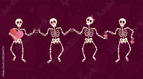 4 Cute Skeletons Making Finger Hearts on Dark Red