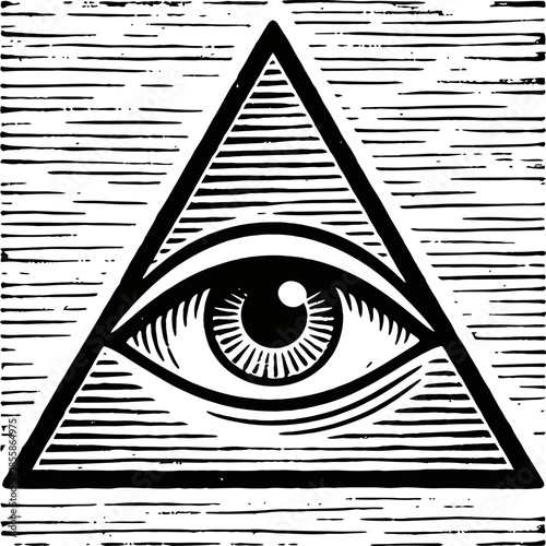 All Seeing Eye Triangle Symbol Stylized Woodcut Art Black and White