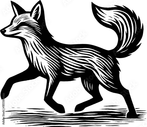 Black And White Stylized Fox Walking With Bushy Tail And Detailed Fur Texture