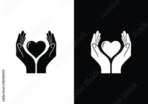 Hands cupping a heart, representing love, care, and protection in a high-contrast minimal style