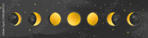 Golden Moon Phases on Dark Starry Sky Banner
