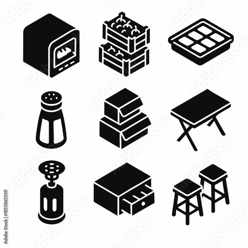 Black icon set: oven, fruit crates, baking tray, salt shaker, boxes, table, soap dispenser, drawer, stools