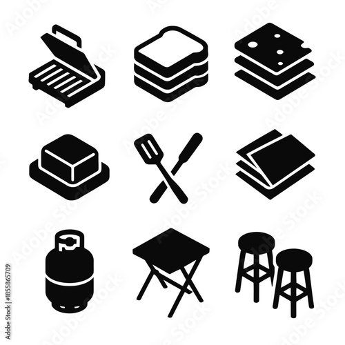 Cooking icons set: grill, sandwich, cheese, butter, tools, table, stools, propane