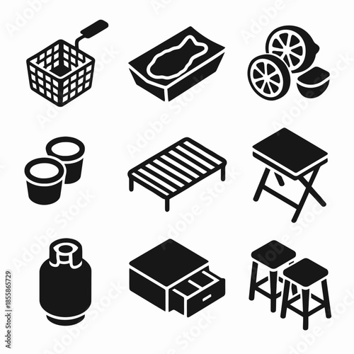 Collection of black kitchen and furniture icons: basket, lemon, grill, table, stove, stools