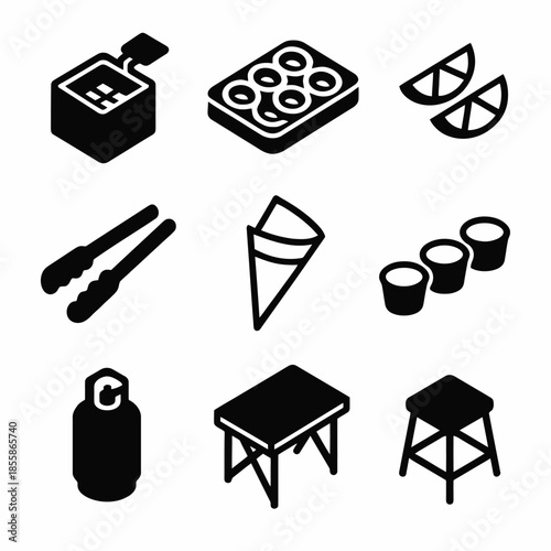 Silhouette icons of picnic items: grill, tongs, lemon, ice cream, cups, table, stool, tray, gas cylinder