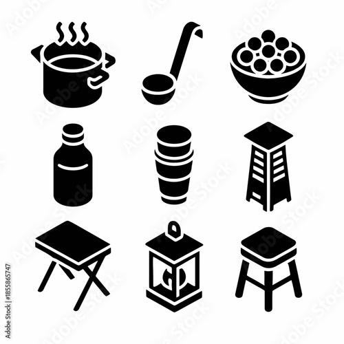 Black kitchen and furniture icons: pot, ladle, bowl, bottle, cups, stool, table, lantern