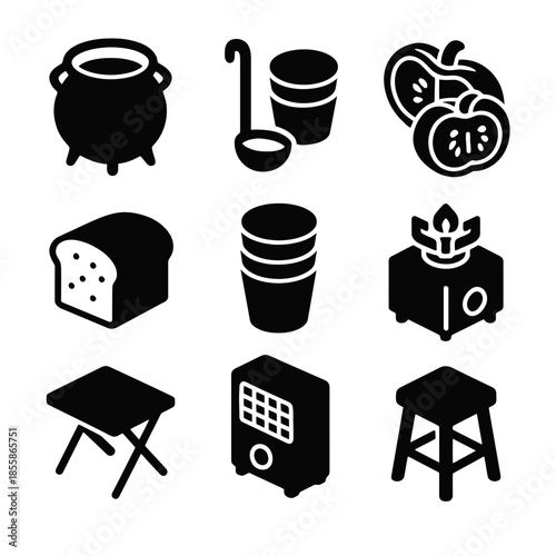 Vintage cooking and household items - cauldron, soup pot, pumpkin, bread, stove