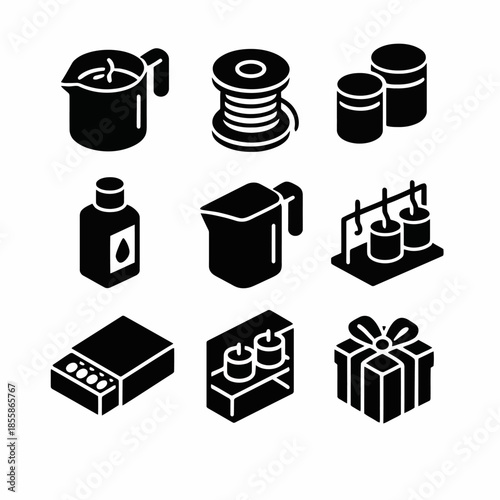 Black and white candle making icons set with containers and matches