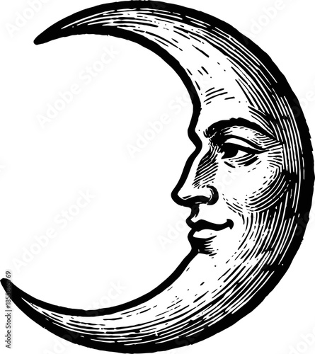 Vintage Engraving Crescent Moon With Human Face Profile View Black And White Illustration