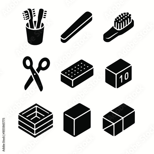 Collection of hygiene and household items icons: toothbrushes, scissors, nail file
