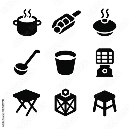Set of 9 cooking icons: pot, rolling pin, bowl, ladle, bucket, blender, table, box, stool