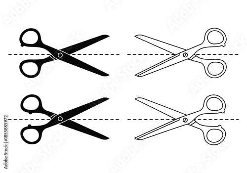 Four pairs of scissors in different styles and colors isolated on