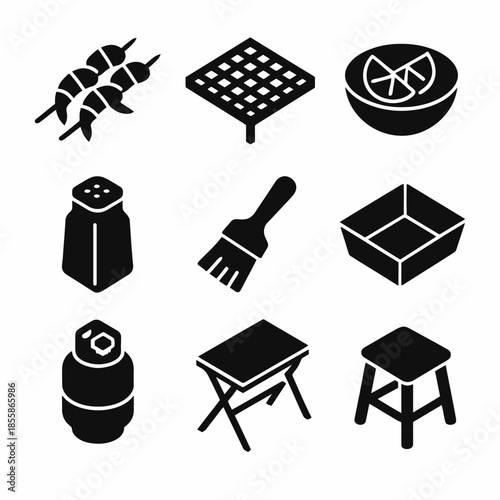 Barbecue icons: grill, skewers, seasoning items, bbq tools, ingredients