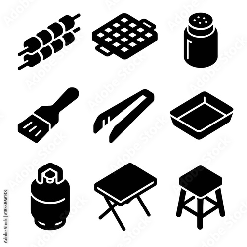 Grill icons set: barbecue tools and equipment in black and white