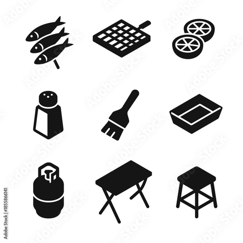 Cooking and grilling icons: fish, grill, lemon, salt, brush, tray, gas, table, stool