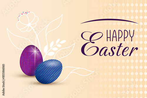 Happy easter eggs banner. Holiday religious symbol decorated in realism style. 3d realistic Easter eggs on floral. Vector illustration for spring holiday, greeting card 