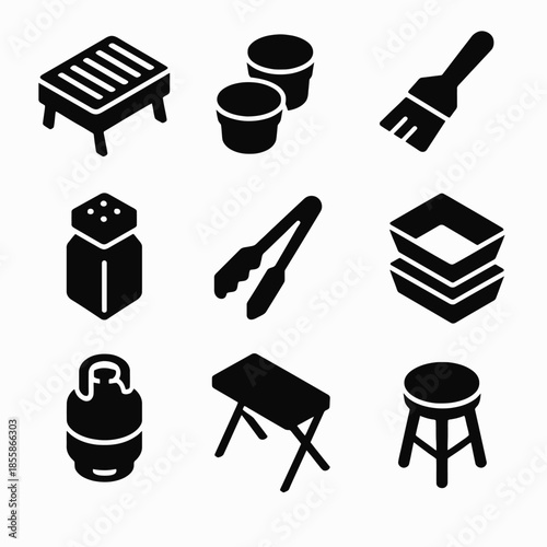 Bbq grill icons set: tools, equipment, and accessories in black silhouette