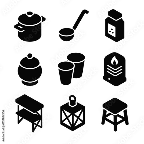 Collection of black kitchen utensils and accessories icons