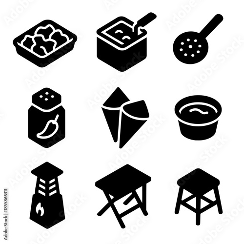 Set of nine black food and dining icons including soup and desserts