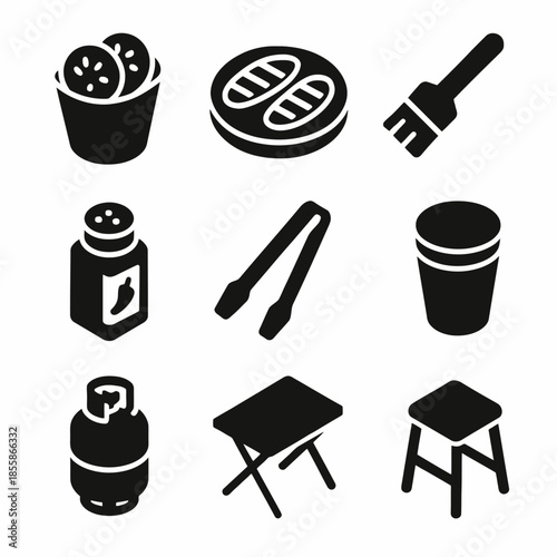 Barbecue icons: grill, condiments, table, stool, utensils set