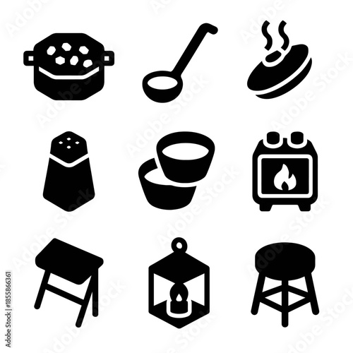 Collection of cooking kitchen utensil and furniture icons