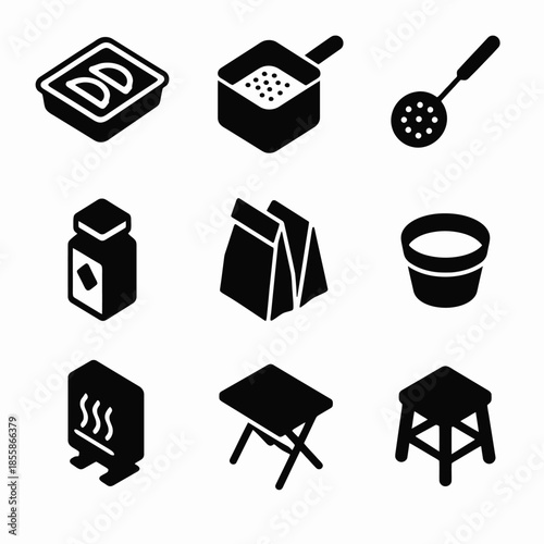 Black and white kitchen and furniture icons set