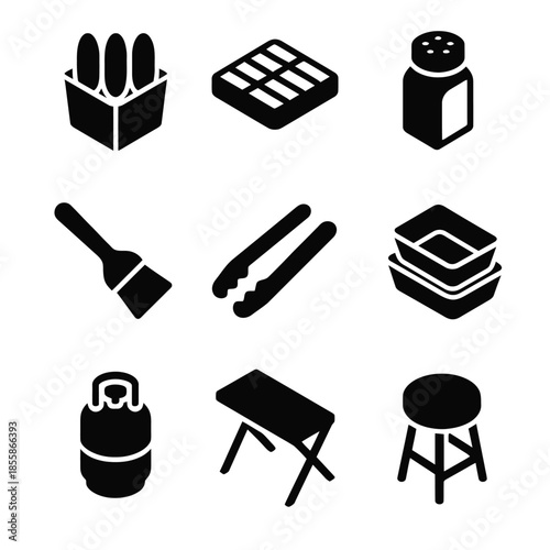 Kitchen and dining icon set: bread, chocolate, salt, brush, tongs, dishes, gas, table, stool