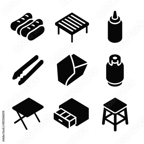 Grill setup icons: sausages, grill, sauce bottle, tongs, charcoal, table, coals, stool