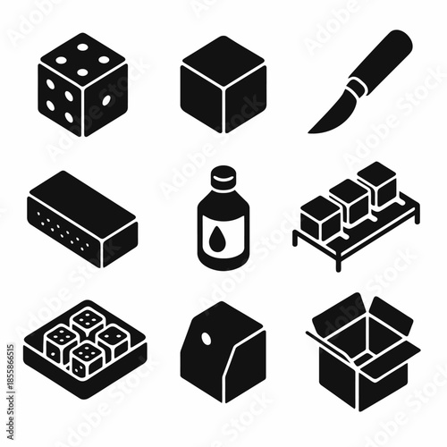 Isometric icons of dice, knife, bottles, and boxes in black and white vector style