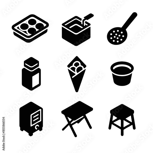 Black snack icons: doughnuts, fryer, skimmer, tub, ice cream, container, table, stool