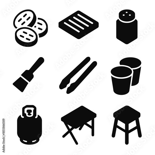 Barbecue tools set: grill, tongs, propane tank, brush, griddle, salt shaker, stool, table